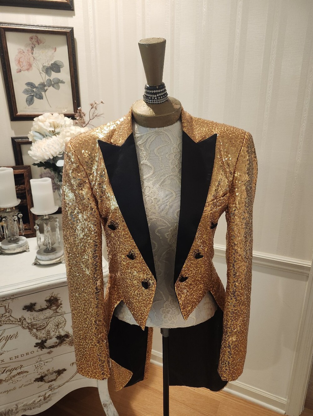 Vintage Gold Sequin Tailcoat Jacket Rocky Horror Magenta Burlesque Ringmaster S